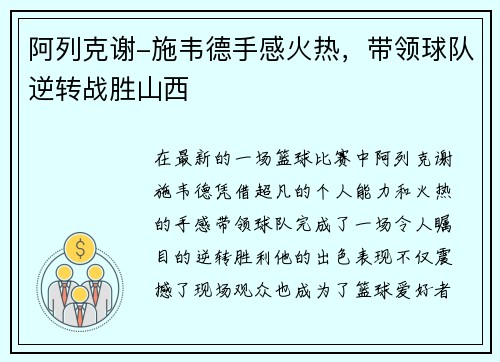 阿列克谢-施韦德手感火热，带领球队逆转战胜山西